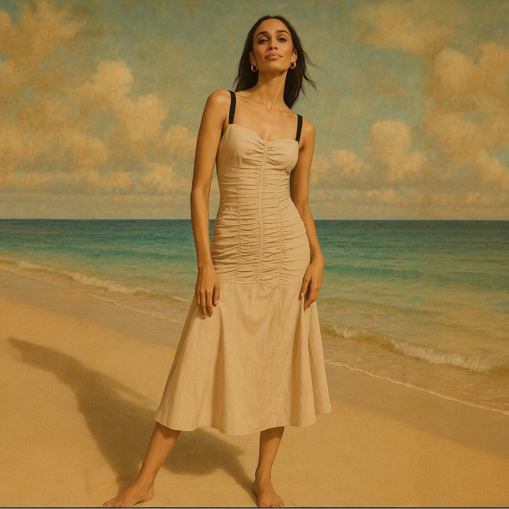 Anthropologie Atsu Midi Maxi Tan Cotton Linen Blend‎ Dress Summer Ruched Midi 00